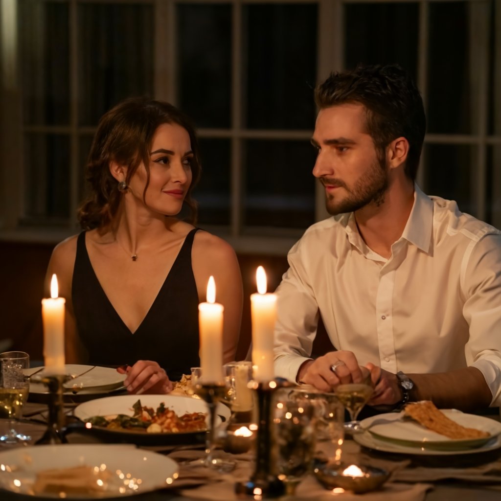A man and woman sitting together at a dinner
