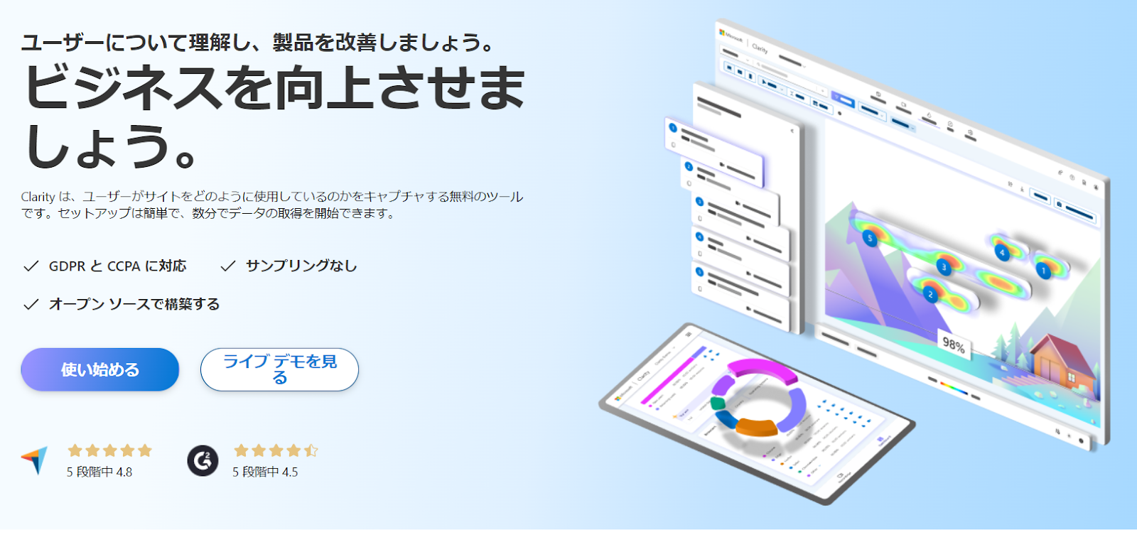 Microsoft Clarityのサービスページ画像