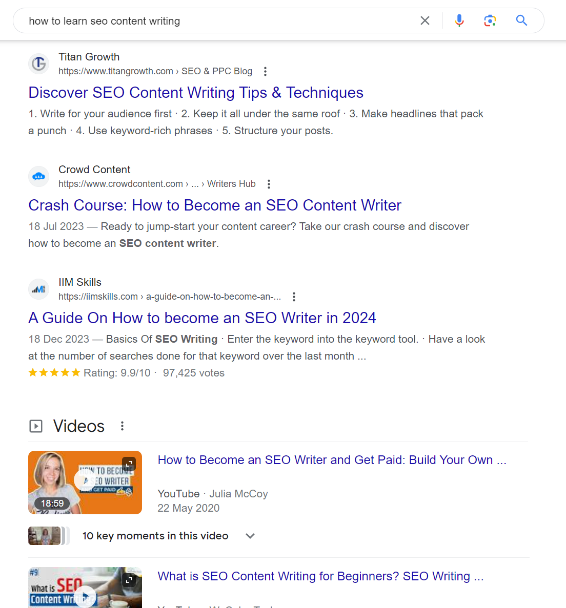 SERP results for keyword "How to learn SEO Content Writing"