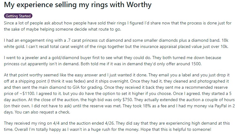  A Reddit screenshot of someone talking about how quickly he sold his ring on Worthy.com 