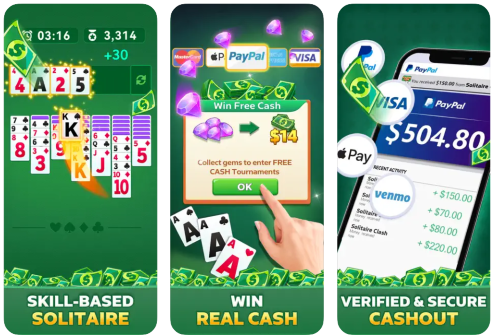 Solitaire Clash screenshots showing gameplay, how you can win cash, and a PayPal payout of $504.80. 