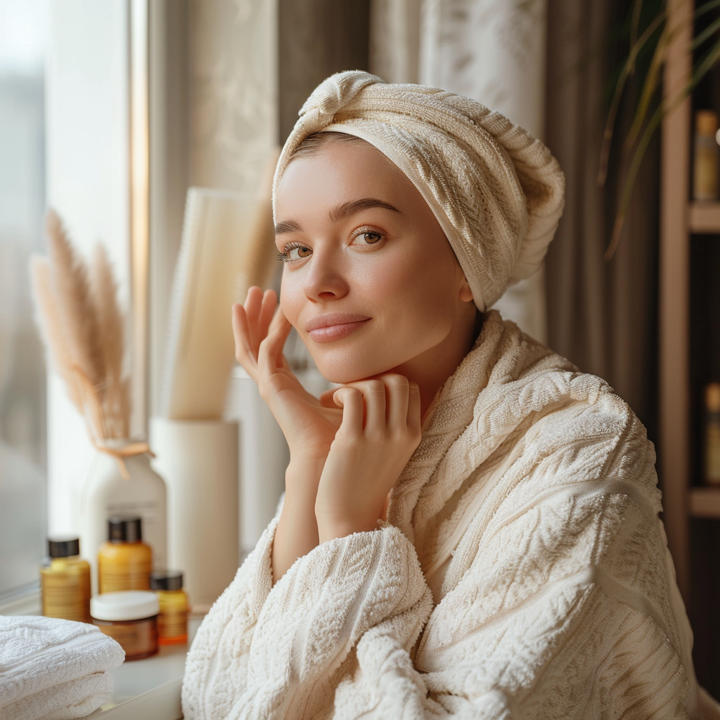 Woman sitting in her robe doing her skin care routine