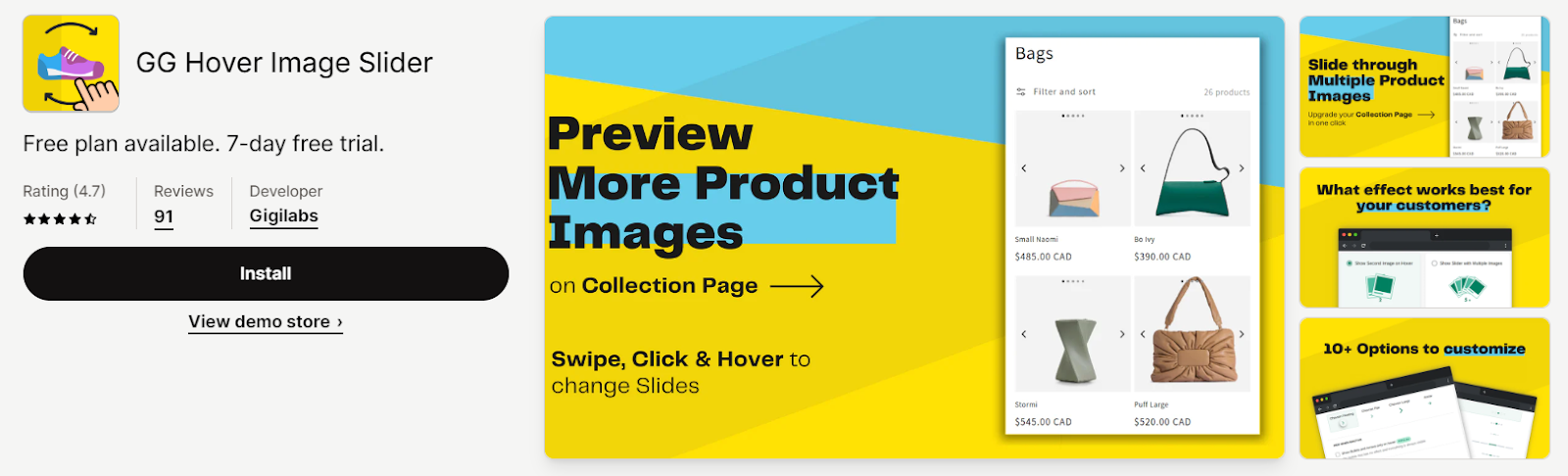 Shopify home page for GG Hover Image Slider