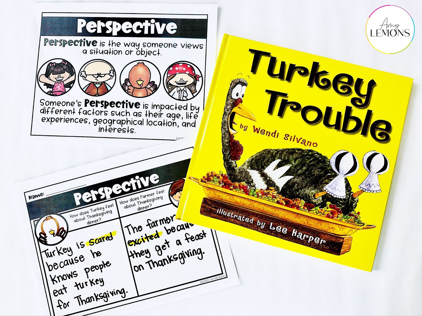 The book Turkey Trouble and two printables activities for teaching perspective.