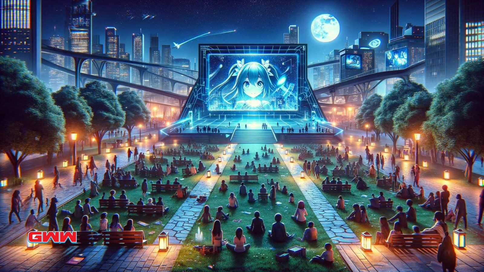 Urban park with anime screening, watch anime for free alternative