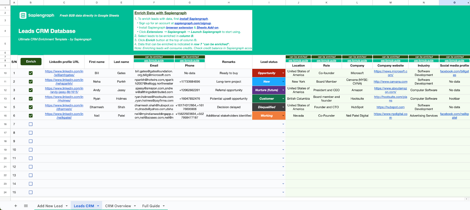 Ultimate CRM Google Sheets Template by Sapiengraph