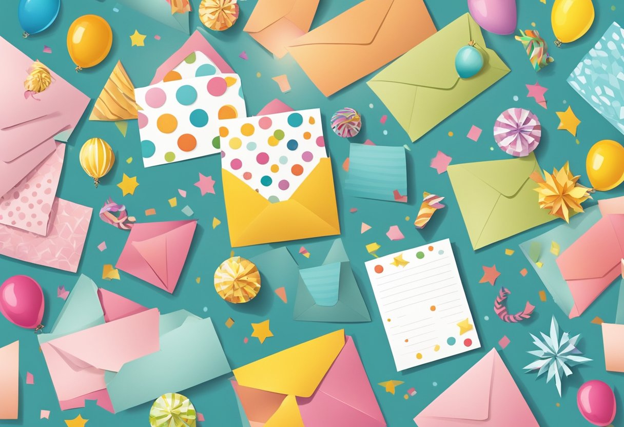 Colorful birthday cards scattered on a table, with festive decorations and a stack of envelopes ready to be filled with warm greetings