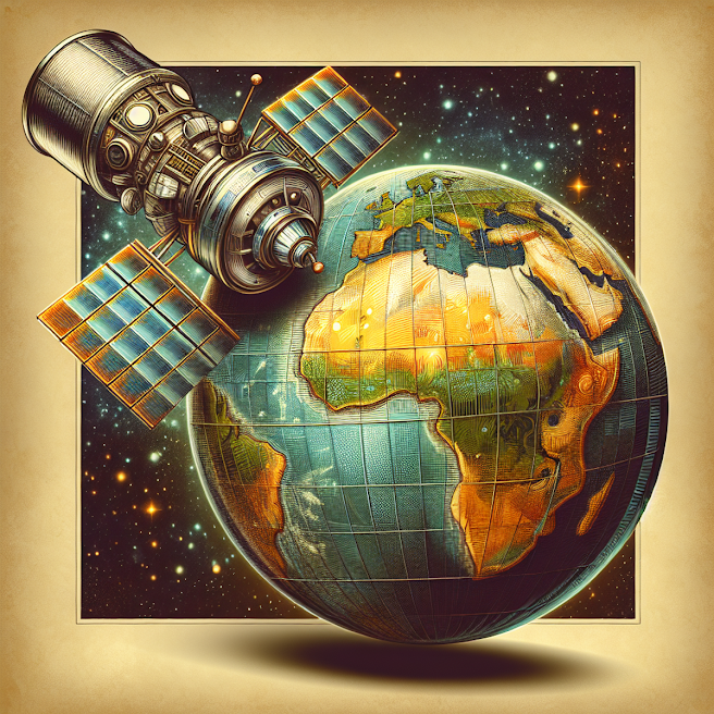 Vintage-style illustrated Earth with a metallic satellite orbiting against a starry cosmos background.