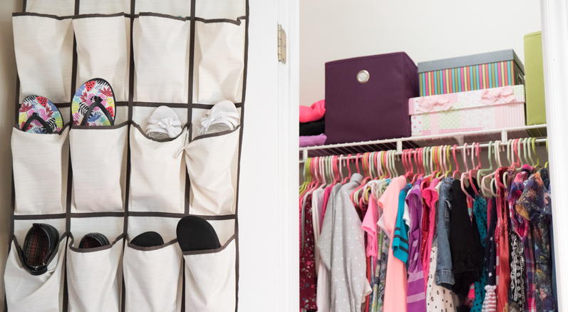 A close-up of a hanging shoe organizer. 