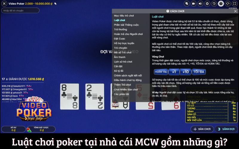 Luật chơi poker tại nhà cái MCW gồm những gì?