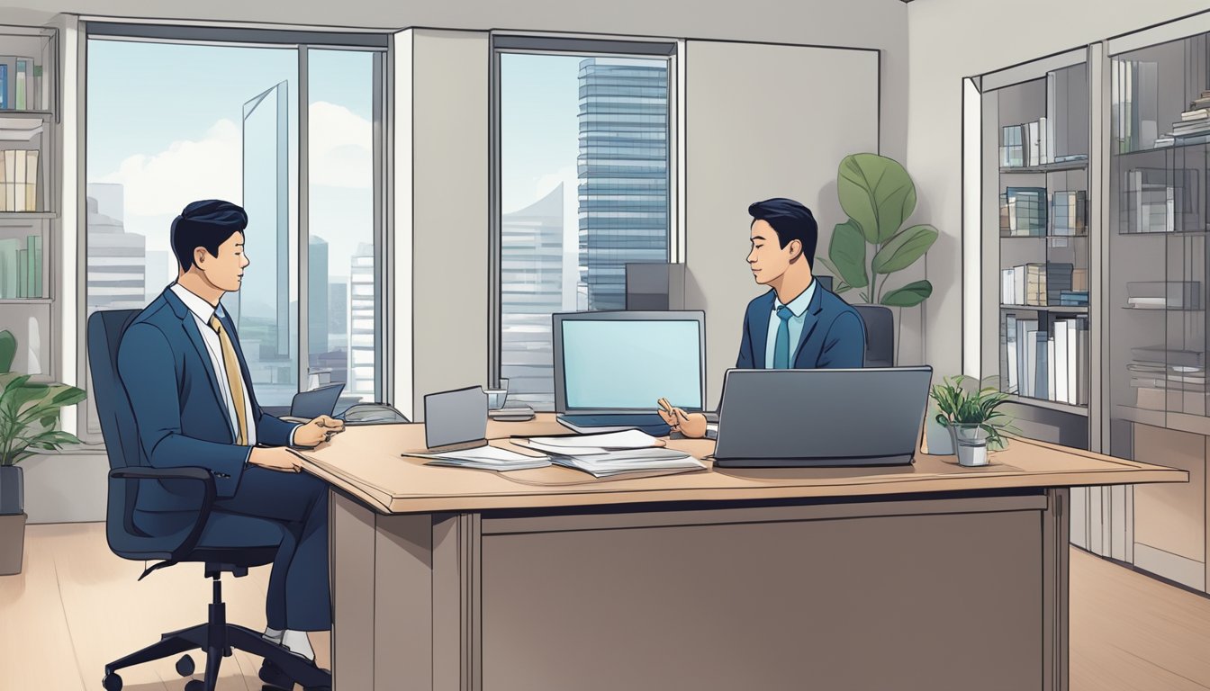A licensed money lender in Singapore explains a 12-month loan tenor. The lender is seen discussing terms with a client in a professional office setting