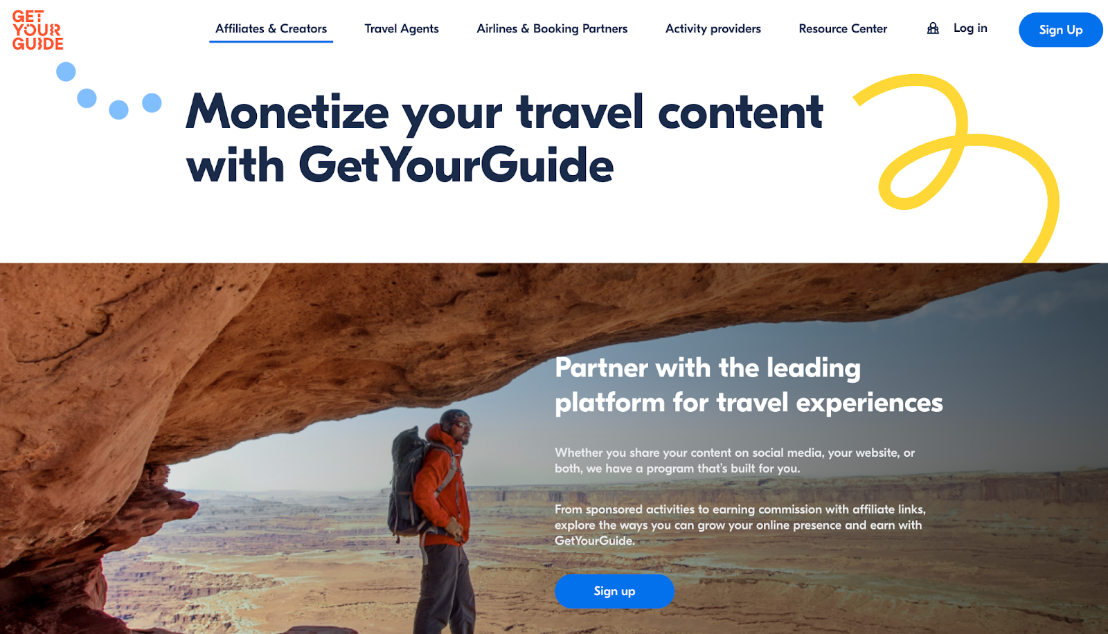 Travel affiliate program page for Get Your Guide