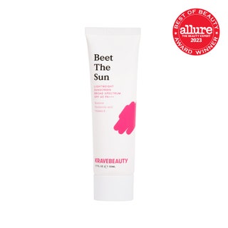 KraveBeauty Beet the Sun SPF 40 PA white tube with pink splotch on white background with red Allure BoB seal in the top...