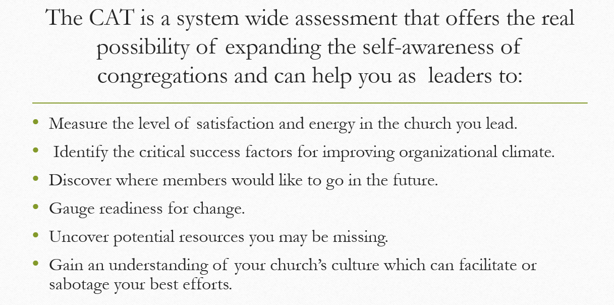The CAT is a system wide assessment that offers the real possibility of expanding the self-awareness of congregations and can help you as leaders to: 
- Measure the level of satisfaction and energy in the church you lead. 
- Identify the critical success factors for improving organizational climate.
- Discover where members would like to go n the future.
- Gauge readiness for change.