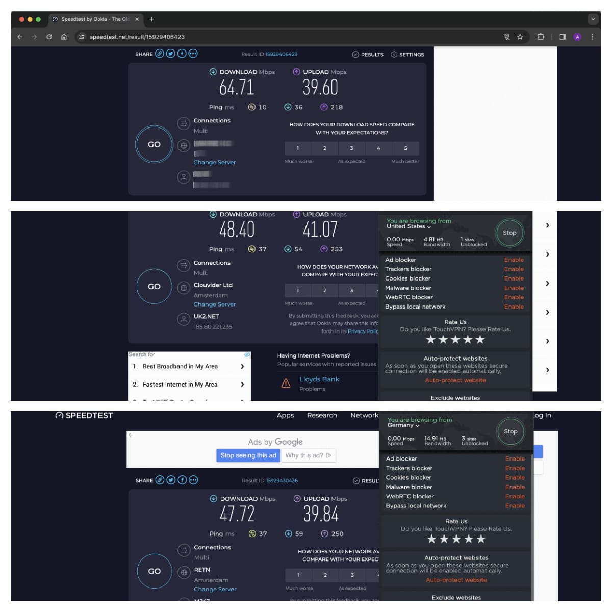 Touch VPN for Chrome shows its speed