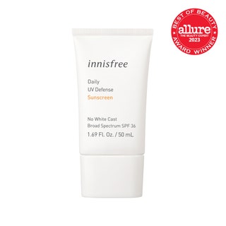 Innisfree Daily UV Defense Sunscreen Broad Spectrum SPF 36 flat white tube on white background with red Allure BoB seal...