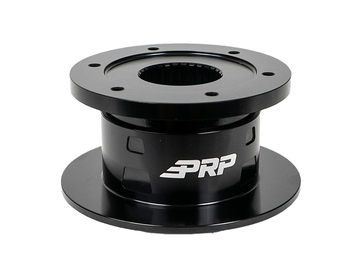 A Can-Am Maverick X3 Quick Release Steering Wheel Hub by PRP Seats, bearing the PRP logo, uninstalled and against a blank background.