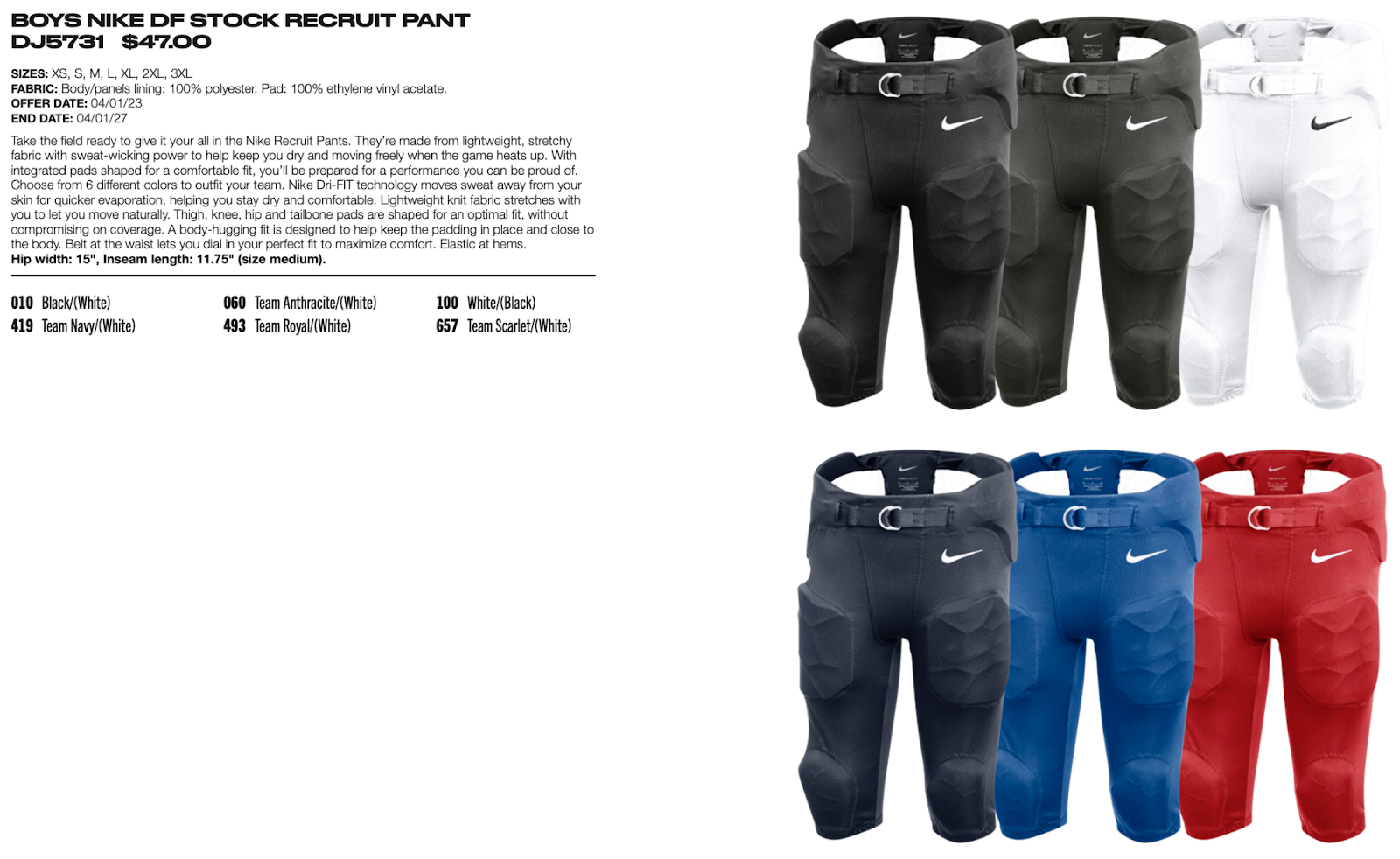 Product display of boys' Nike DF Stock Recruit Pants with sizes, pricing, and various color options highlighted.