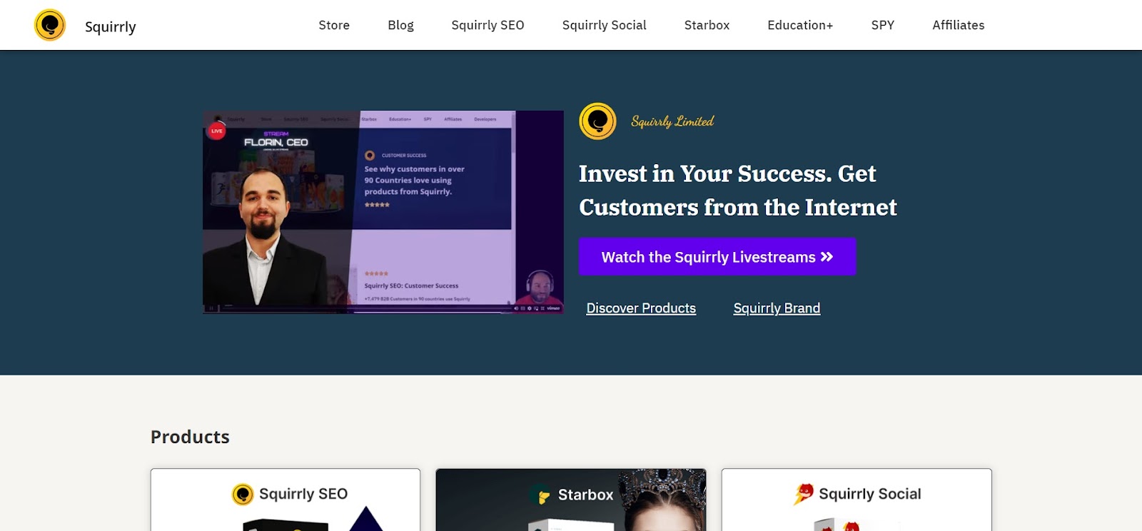 A screenshot of Squirrly's website