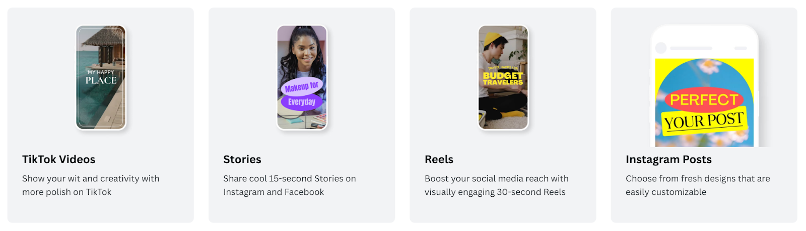 Screenshot of Canva showing options for TikTok vidoes, Stories, Reels, and Instagram Posts.