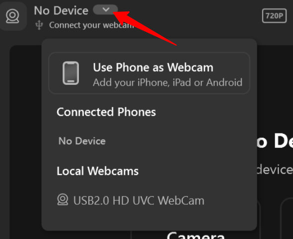 Selecting the arrow to connect a device using FineCam.
