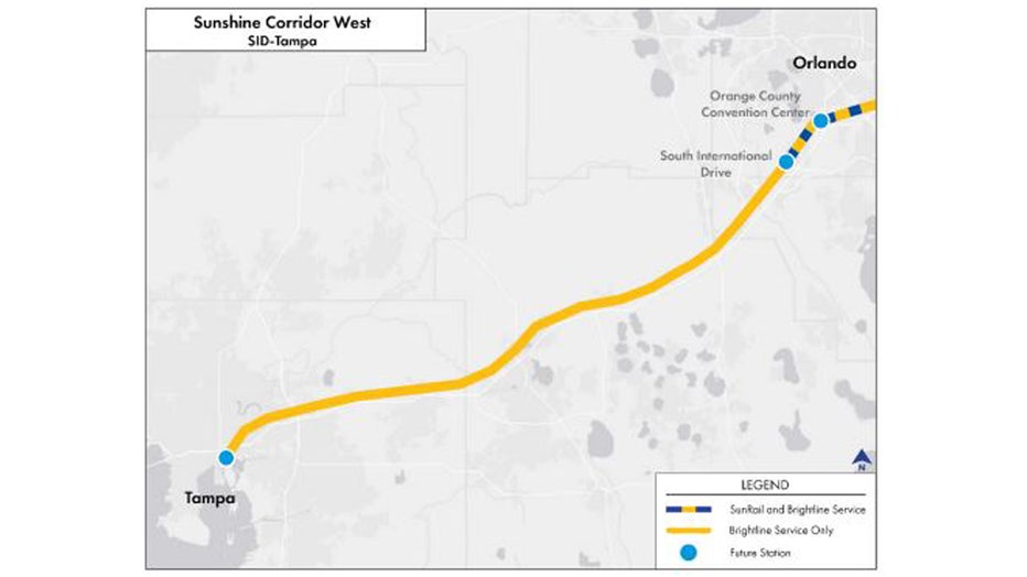 The Sunshine Corridor's west phase includes completing 67 miles of track improvements to support Brightline's rail service. The line begins at the International Drive station and continues southwest down the I-4 corridor to Tampa.