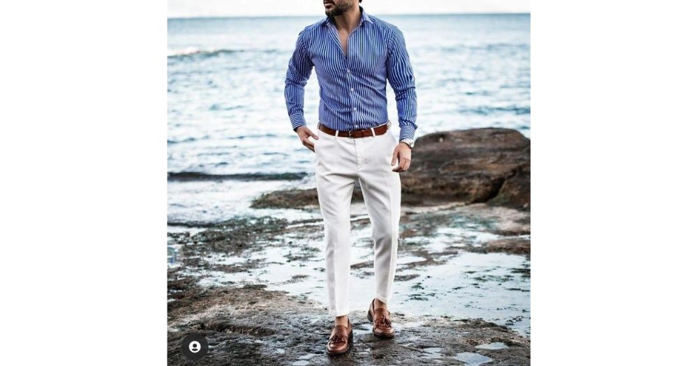 Blue Striped Shirt with White Pant 