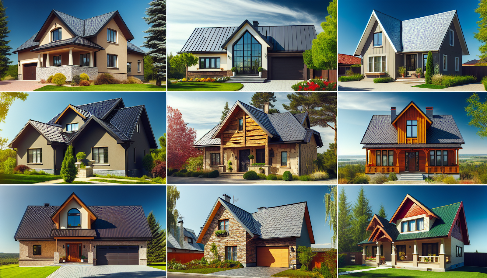 Various roofing materials including asphalt shingles, metal roofs, slate roofs, wood shingles and shakes, clay and concrete tiles, and green roofs