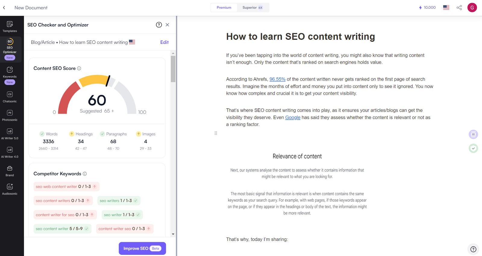 Screenshot of SEO score checker in Writesonic