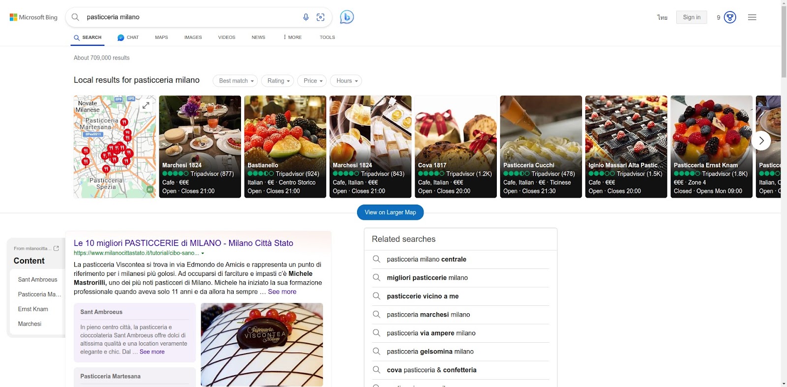 Esempio di ricerca su Bing di una pasticceria a MIlano