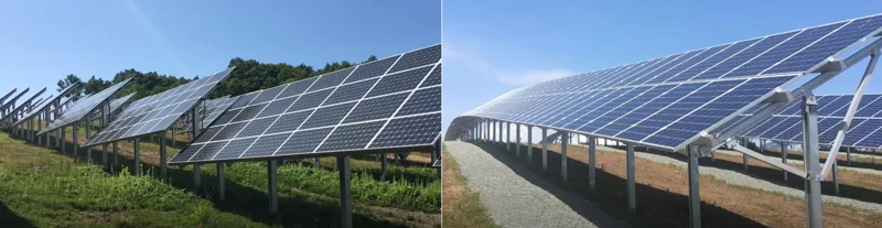 しろくま電力は施工に加え、施工の研究や実験にも力を入れている。発電所の設計では「影のない3D設計」を実現。3D設計により、100m横の敷地に立った左の発電所よりも22%も発電量を増やすことに成功した。