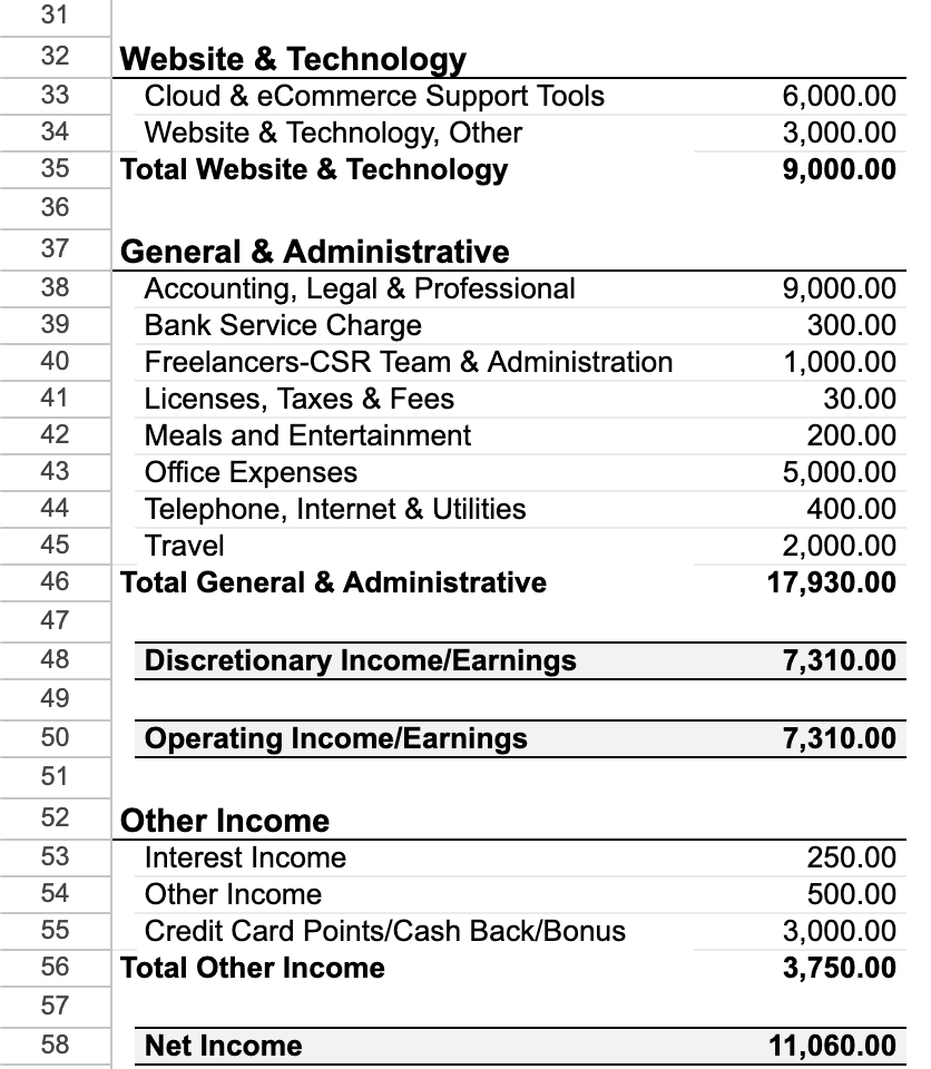 Ecommerce Income Statement Example