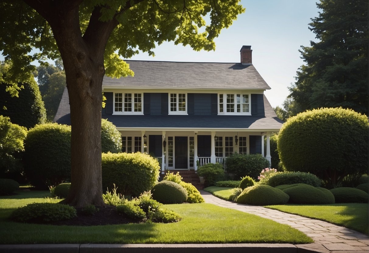 A house sits on a quiet street, surrounded by neatly trimmed hedges and a well-maintained lawn. A "For Sale" sign is prominently displayed in the front yard, but there are no potential buyers in sight