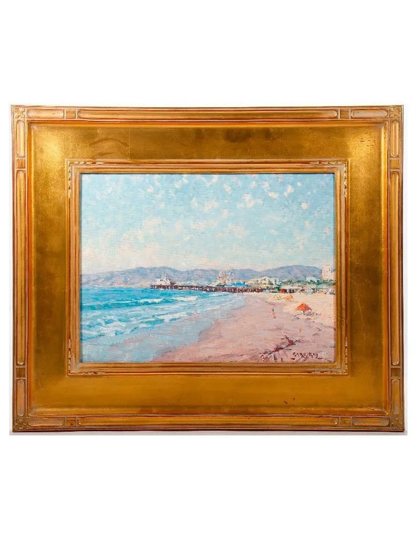 A painting of a beach and a pierDescription automatically generated