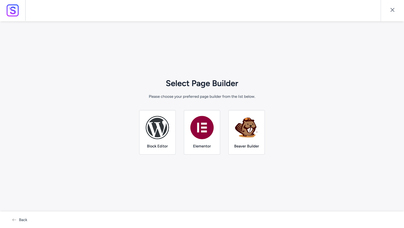 Page Builder Selection Screen
