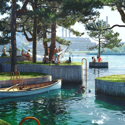 Mir conceptual rendering of a outdoor scene with some boat and trees