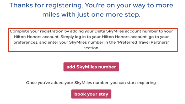 An example of registering and linking SkyMiles numbers to Hilton Honors