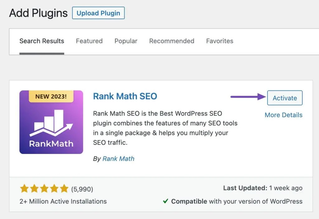 Activate the Rank Math SEO Plugin 