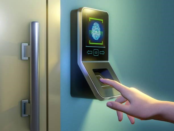 Secure access using a fingerprint reader Fingerprint scanner used to control access in a working environment. Digital illustration, 3D render. authentication doors  stock pictures, royalty-free photos & images