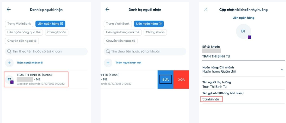 Cách xóa danh sách người thụ hưởng vietinbank