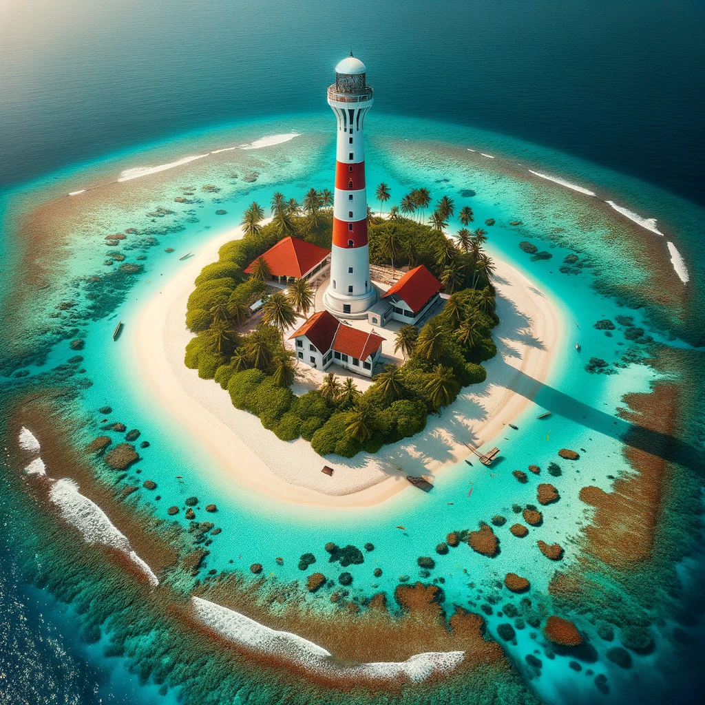 Photo of a serene island retreat, with a prominent lighthouse standing at its center. The lighthouse, painted in white and red, casts a shadow over the pristine sandy shores. Surrounding the island are azure waters, so clear that the vibrant coral reefs beneath can be easily spotted. Schools of colorful fish swim around the reef, making it a diver's paradise.