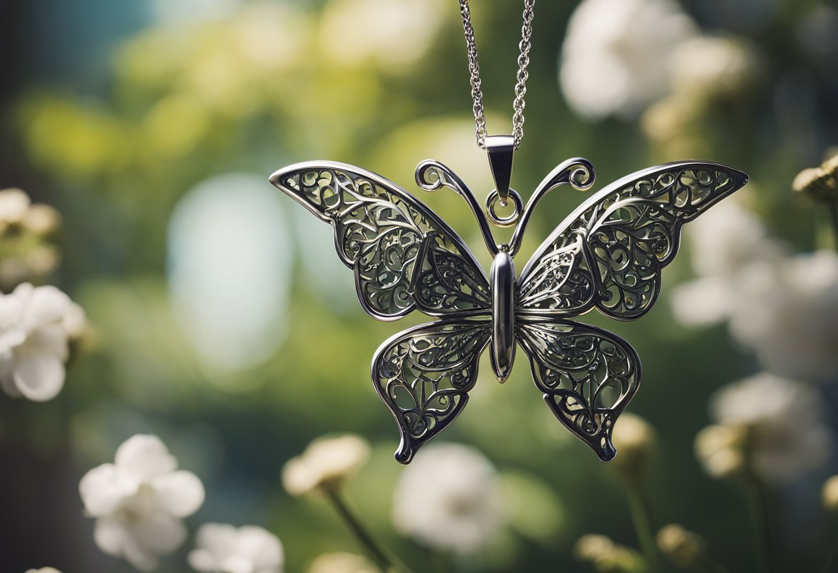 A butterfly pendant hangs from a delicate chain, surrounded by other pieces of butterfly jewelry. The scene symbolizes transformation, beauty, and freedom in fashion