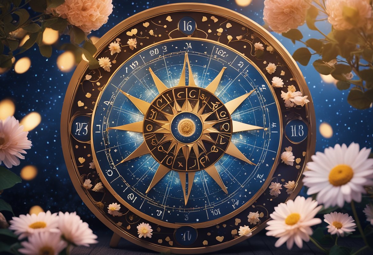 A table with a zodiac wheel, surrounded by flowers and hearts, under a starry night sky