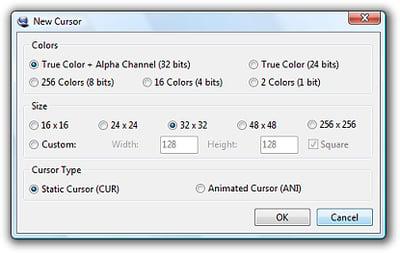 Set color, size, and animated cursor type in the New Cursor dialog box of the IcoFX editor