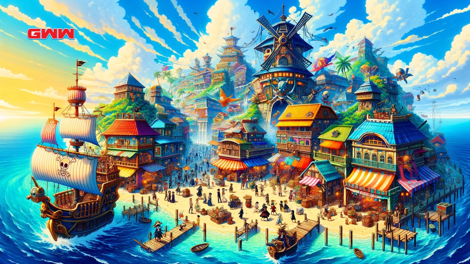 An imaginative and vivid anime-style depiction of an iconic scene from a pirate-themed anime series