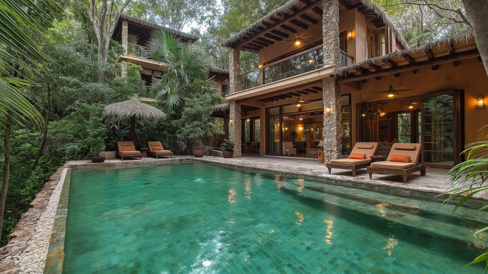 Secluded eco-friendly jungle villa in Playa del Carmen, surrounded by lush vegetation with a private pool.