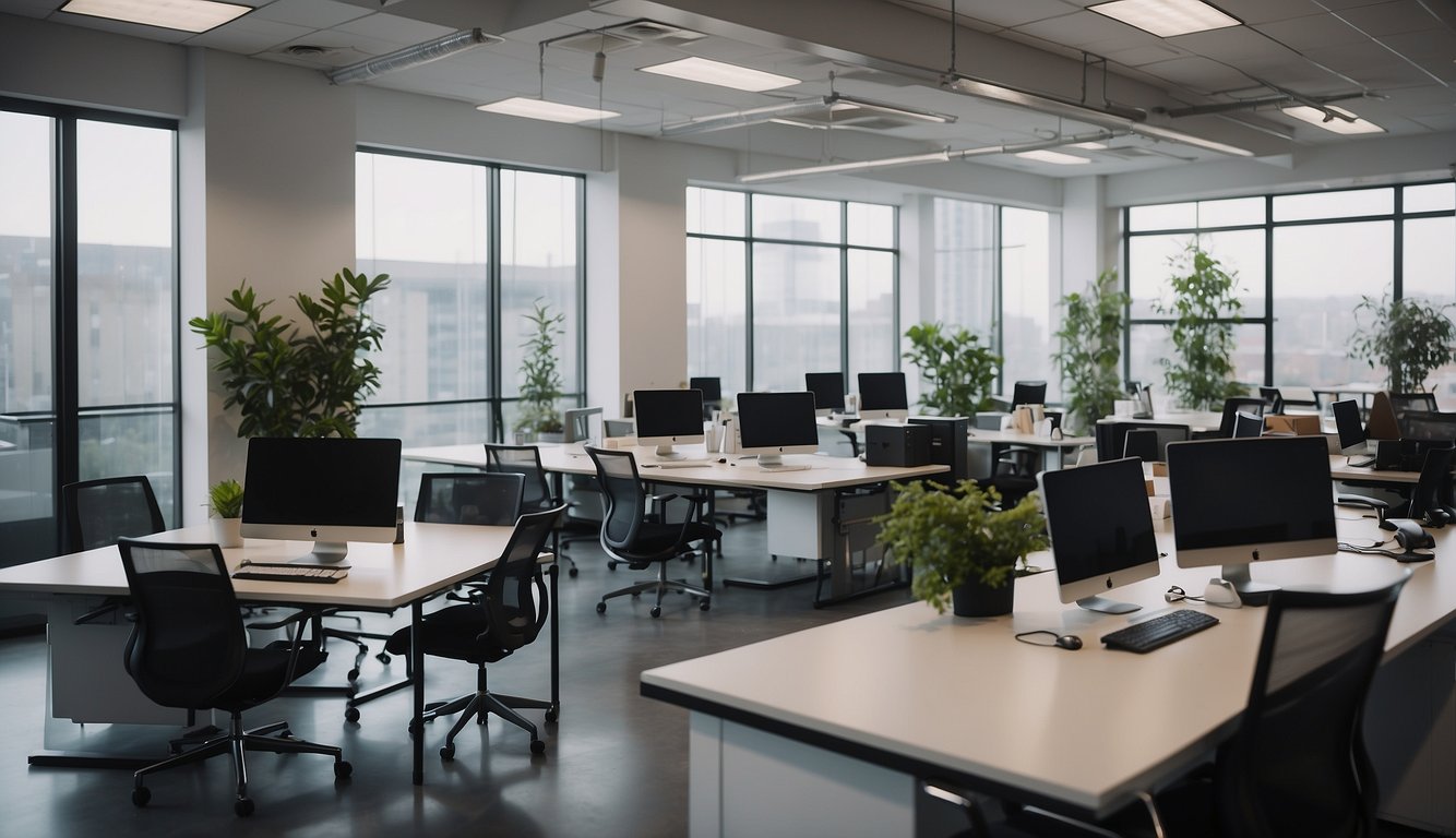 A modern office space with open floor plan, whiteboards filled with brainstorming ideas, employees collaborating and working on laptops, and a relaxed and creative atmosphere