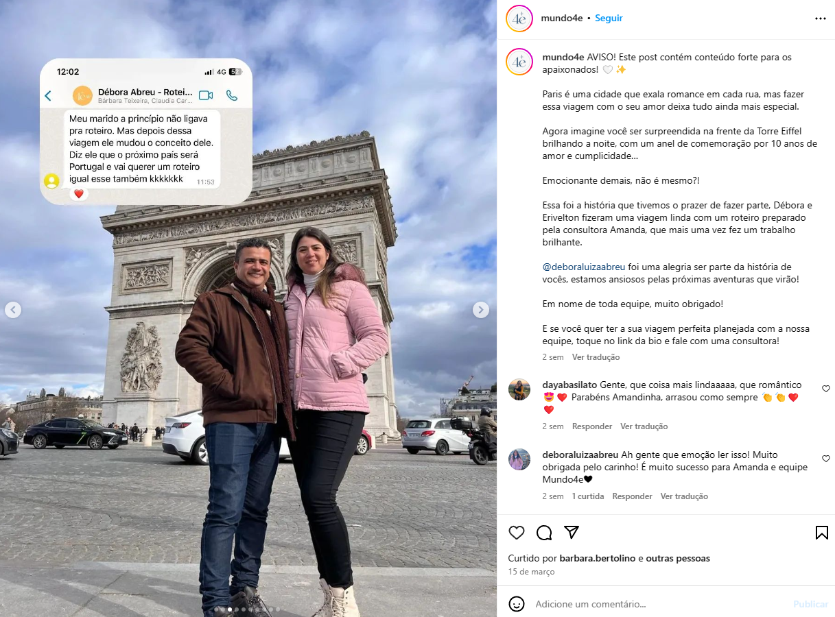 postagem do instagram da agência Mundo 4e, mostrando um casal viajando e reforçando um marketing nas redes sociais estratégico 