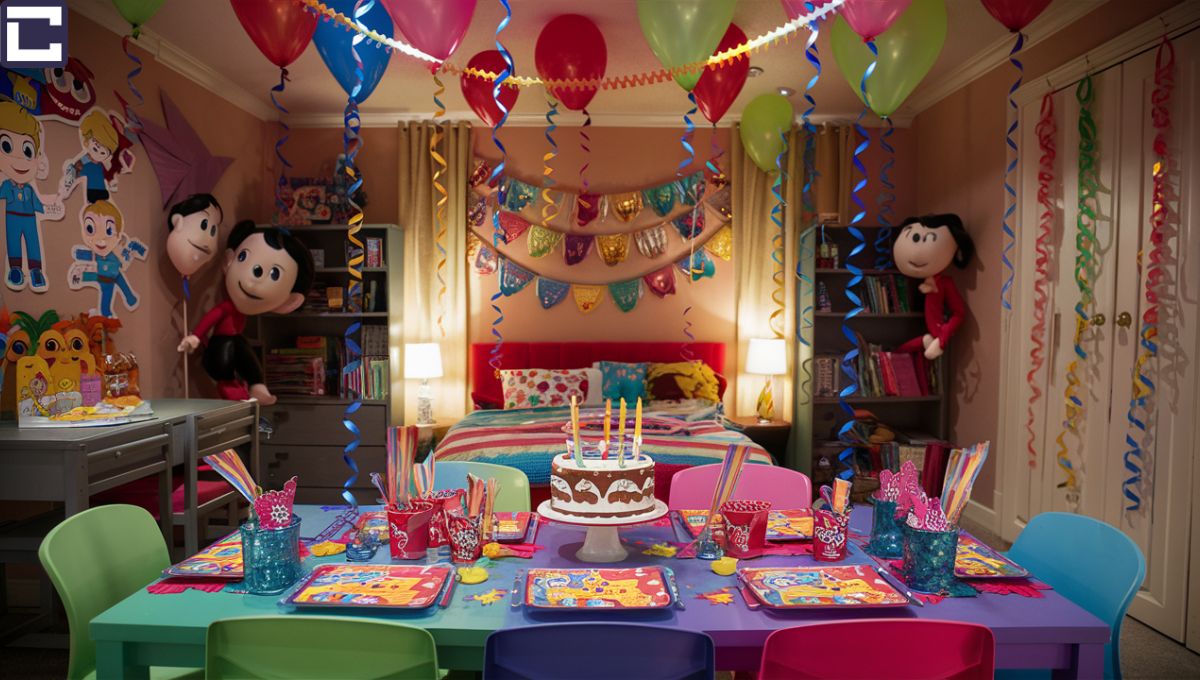 This image showcases a vibrant and colorful setup for a children's birthday party in a bedroom. The room is filled with bright balloons, streamers, and colorful decorations, creating a playful and festive atmosphere. A table in the center of the birthday bedroom decoration is adorned with themed tableware, party favors, and a delicious birthday cake with candles. Character-themed decorations featuring popular cartoon characters adorn the walls, adding to the excitement of the celebration.