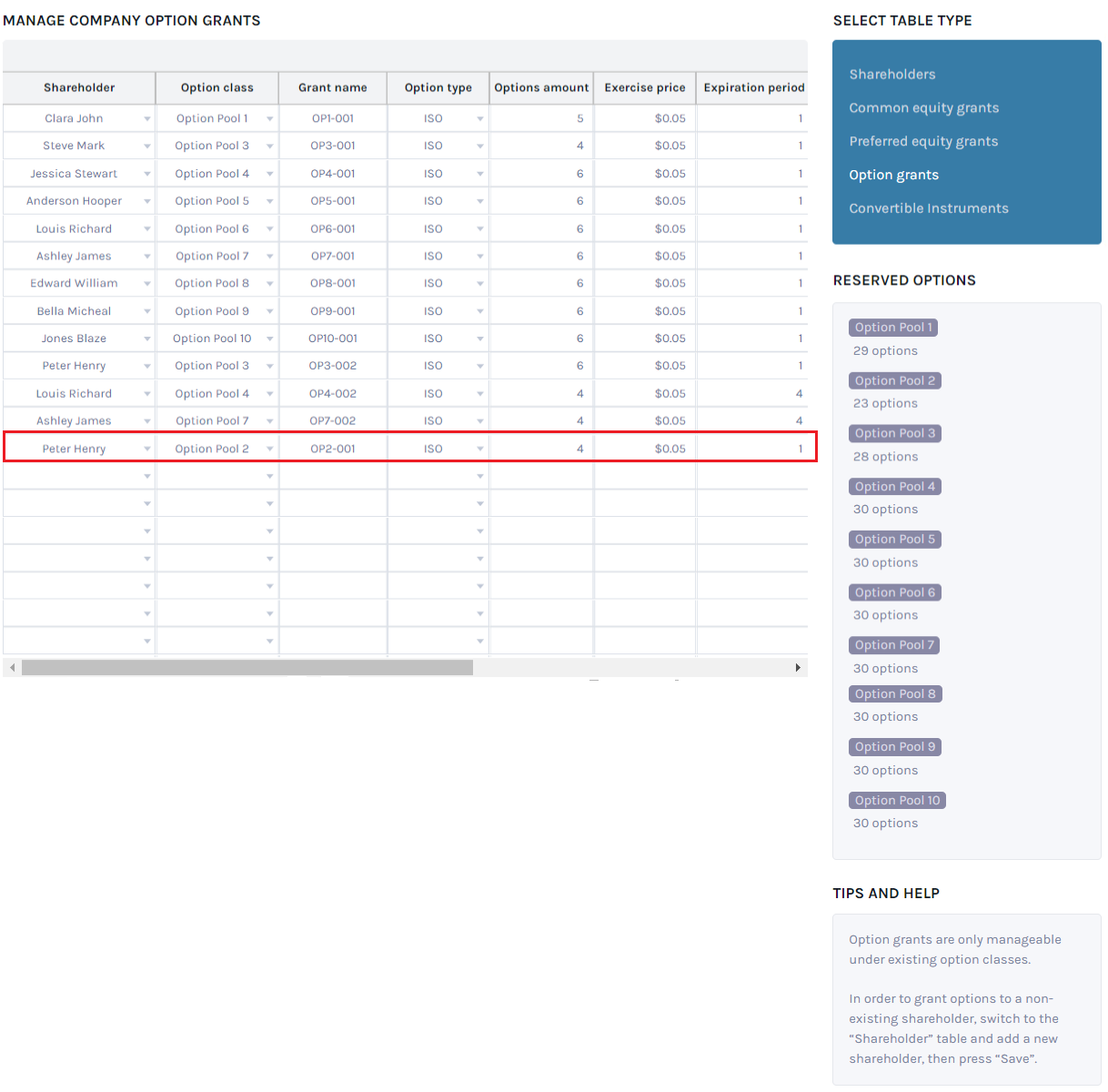 option grants added 